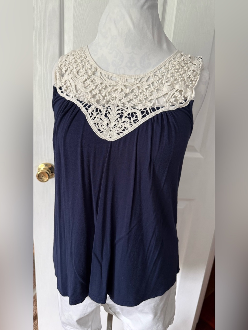 Papermoon Navy Tank with Cream Crochet Yoke